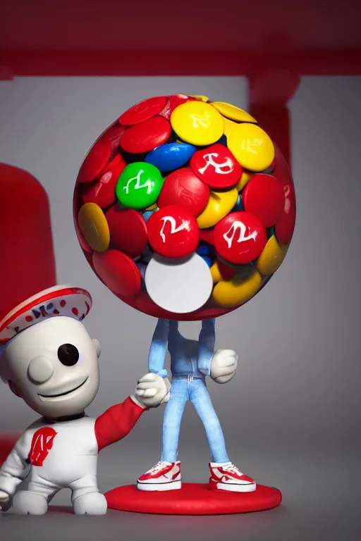 Image similar to a single red m & m candy with white arms and legs, a red sphere wearing a white baseball cap, eminem as the red m character standing on a floor covered with m & m candies, m & m candy dispenser!!!, m & m plush, unreal engine, studio lighting, unreal engine, volumetric lighting, artstation, professional food photography