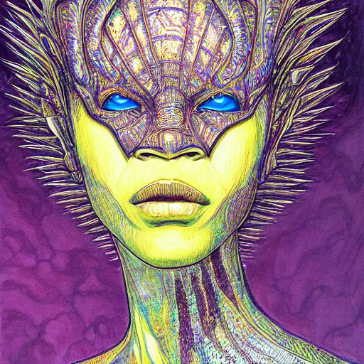 Prompt: Afrofuturism detailed aesthetic horror portrait painting titled 'Face of sadness' description 'Order of the occult princess' portrait, character design, worn, dark, manga style, extremely high detail, photo realistic, pen and ink, intricate line drawing by René Laloux, Jean Giraud, Mœbius, Moebius,