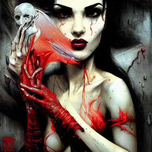 Image similar to dream portrait of Vampirella, cameras, melting ,8k,by tristan eaton,Stanley Artgermm,Tom Bagshaw,Greg Rutkowski,Carne Griffiths, Ayami Kojima, Beksinski, Giger,trending on DeviantArt,face enhance,hyper detailed,minimalist,cybernetic, android, blade runner,full of colour 8-W 1024