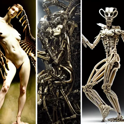 Prompt: still frame from Prometheus movie by Makoto Aida, biomechanical mantis angel archangel gynoid by giger, metal couture by neri oxmn and Guo pei, editorial by Malczewski and by Caravaggio