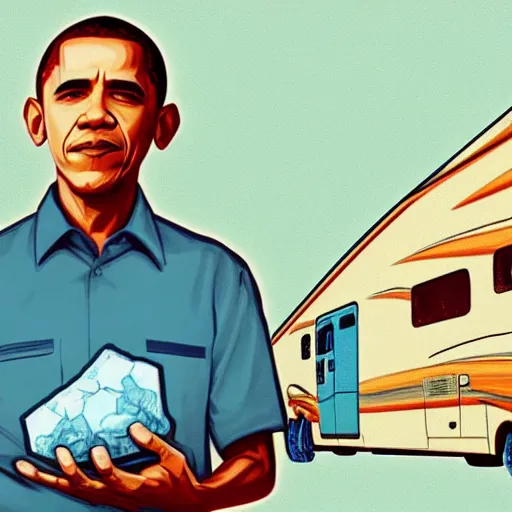 Image similar to obama holding a ziplock bag with baby blue meth, desert background, next to an rv, by stephen bliss, gta loading screen