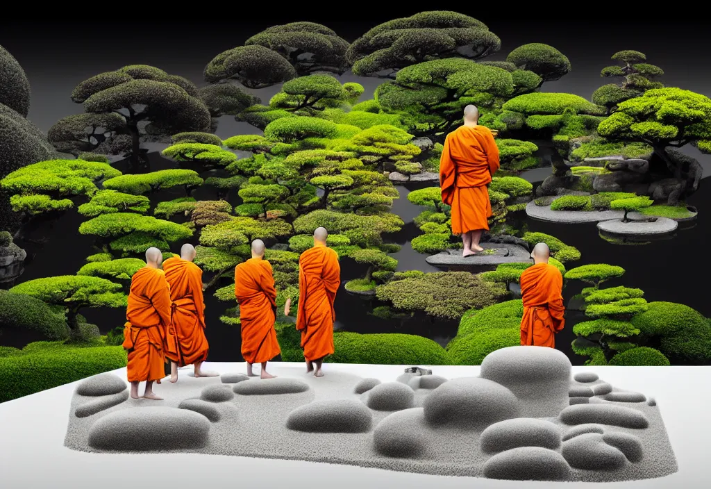 Image similar to monks tending a zen garden kyoto, japan, a collage painting, in the style of wes anderson, lola dupre, david hockney, isolated on negative white space background dark monochrome fluorescent neon spraypaint accents volumetric octane render