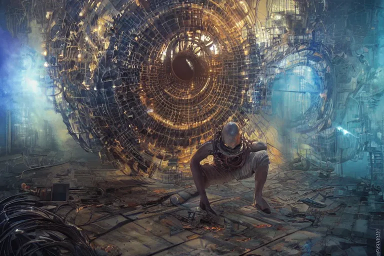 Image similar to a dynamic photo of a post apocalyptic tribal cyborg dj tweaking and playing synthesizers in the most complicated and technical spiral fractal musical studio, powerful, cinematic, beautifully lit, by donato giancola, by artgerm, by karol bak, 3 d, perfect face and body, trending on artstation, octane render, 8 k