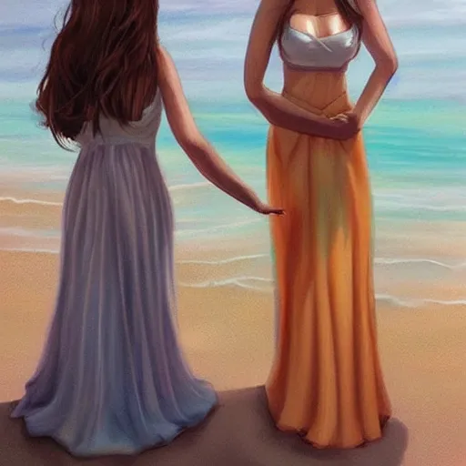 Prompt: two beautiful princesses in sundresses on the beach drawn by artgerm