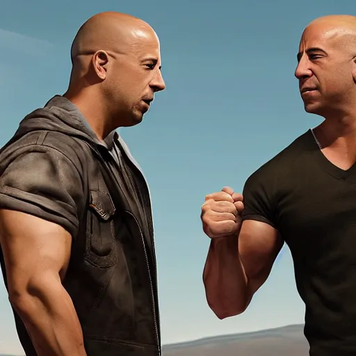 Prompt: paul walker and vin diesel doing a fist bump in heaven, photorealistic, highly detailed