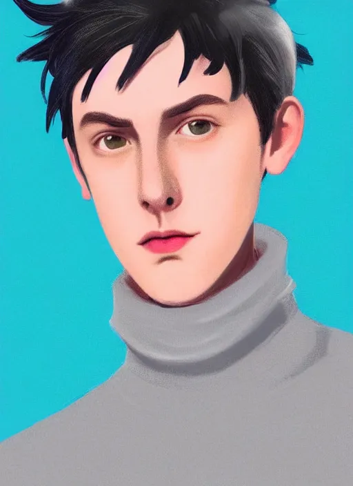 Image similar to portrait of teenage jughead jones wearing a light grey crown, crown, blue turtleneck, 1 9 5 0 s, closed eyes, photorealistic, black hair, glowing lighting, intricate, elegant, glowing lights, highly detailed, digital painting, artstation, concept art, smooth, sharp focus, illustration, art by wlop, mars ravelo and greg rutkowski