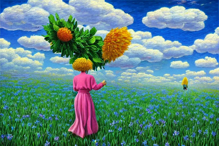 Prompt: large flower head, woman walking, surreal, clouds in sky, impressionist painting, digital painting, artstation, rob gonsalves