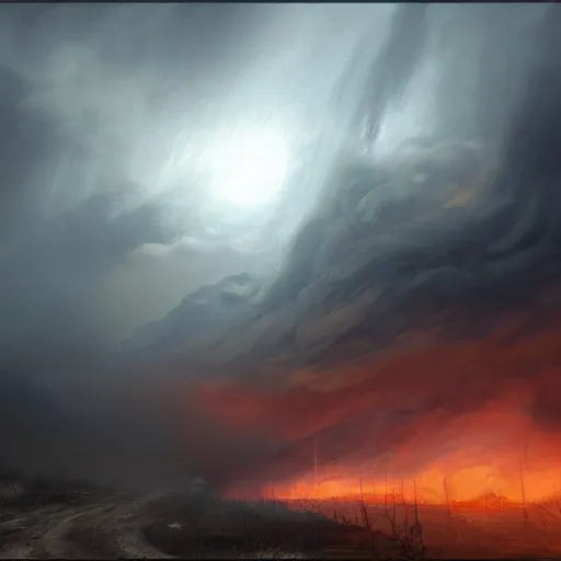 Prompt: Apocalypse storm, smoke, fire, fog, wind by Gustove Dore, trending on artstation