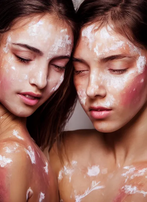 Prompt: a beautiful detailed photo of a woman and girl trying to paint their skin, realistic, f 8, 4 k hd wallpaper