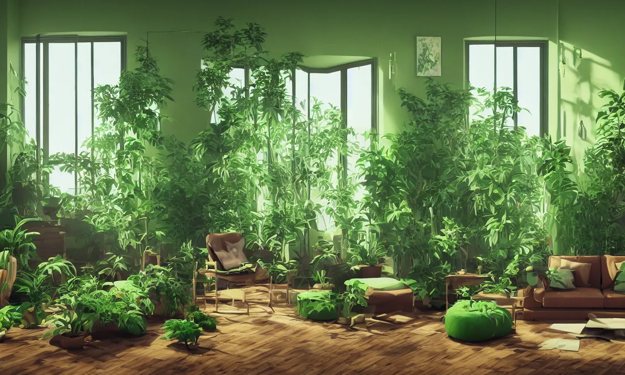 Image similar to comfy green living room with many plants, complicated liminal interior, Lynchian, unsettling, dreamlike with vapor clouds and painting by Henri Rousseau, 3D render by Beeple and Barry Chuckle, layered, parallax effect