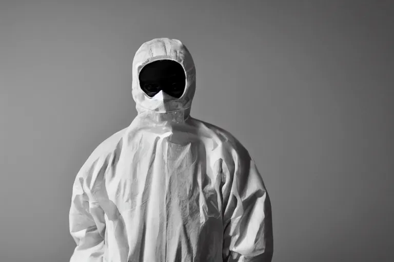 Image similar to a cinematic portrait of a prisoner dressed in a a black and white hazmat suit in a small prison cell, dust storm, annie leibovitz and zack snyder, 8 k, hd, high resolution, 8 5 mm, f / 1. 8