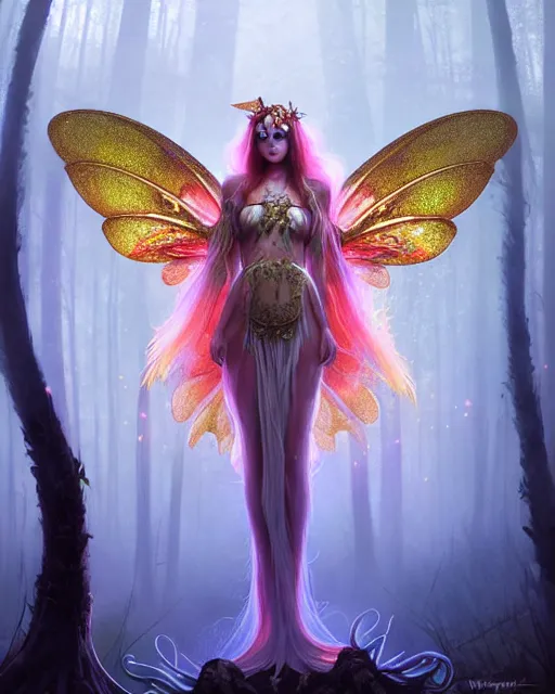 Prompt: stunningly beautiful female faerie priestess in amanita muscaria forest landscape, symmetrical wings on back, neon hair, fantasy art, wearing a dress of gossamer gold, dark light night, sharp focus, digital painting, 4 k, concept art, art by wlop, greg rutkowski and alphonse mucha, brom, face by otto schmidt