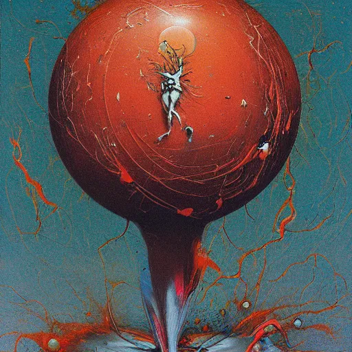 Image similar to a sphere being devoured by abstract splatters of paint in the style of francis bacon, venus being engulfed in flames in the style of james jean, surreal, beksinski, high detailed