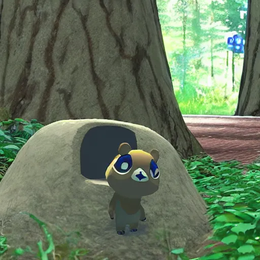 Prompt: Tom Nook trail cam footage