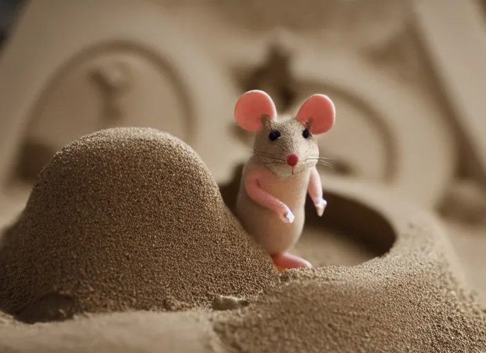 Image similar to dslr photo still of a mouse inside a perfect sandcastle, 8 k, 8 5 mm f 1. 4