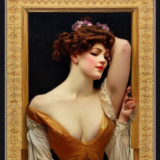 Prompt: portrait of a beautiful woman, intricate, elegant, highly detailed, by mucha, by gil elvgren, by greg manchess,