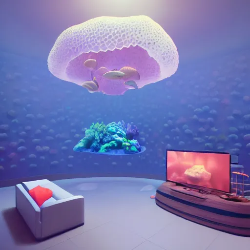 Image similar to the realistic photo of the modern room as aquarium with a big jellyfish and corals, realistic colors, realistic shadows, daylight made in blender, hd, 3 d by beeple and damian hirst