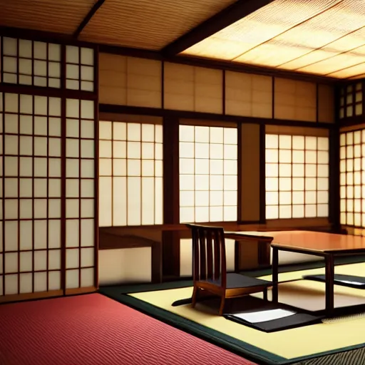 Image similar to still photo of a japanese dining room, highly detailed, photorealistic portrait, bright studio setting, studio lighting, crisp quality and light reflections, unreal engine 5 quality render