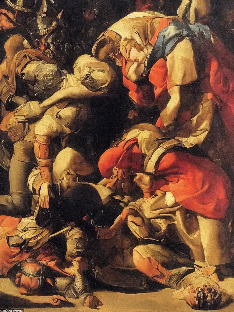 Image similar to the soldier bowed the queen down to the ground and laid his hand on top of her head, baroque painting