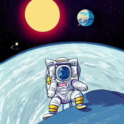 Image similar to light novel illustration cat wearing astronaut suit on the moon planet earth in the background sigma 1 4 mm f / 1. 8 astroied belt