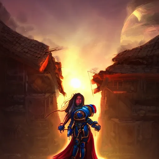 Image similar to beautiful space marine girl with long hair looking at an destructed village in a sunset, highly detailed, digital art, trending on artstation,