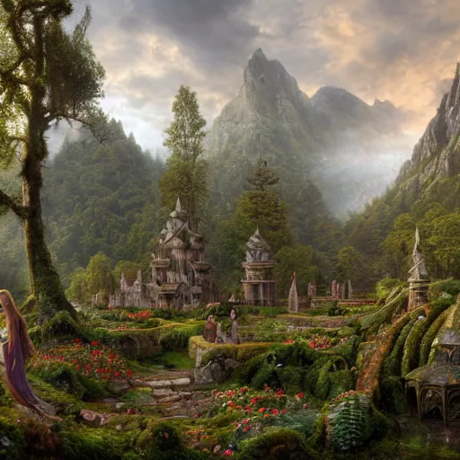 Image similar to a beautiful and highly detailed matte painting of an elven garden palace in a breath taking forest in a deep valley in the beautiful mountains of avalon, celtic knots, detailed woody trees, intricate details, epic scale, insanely complex, 8 k, sharp focus, hyperrealism, very realistic, by caspar friedrich, albert bierstadt, james gurney, brian froud,