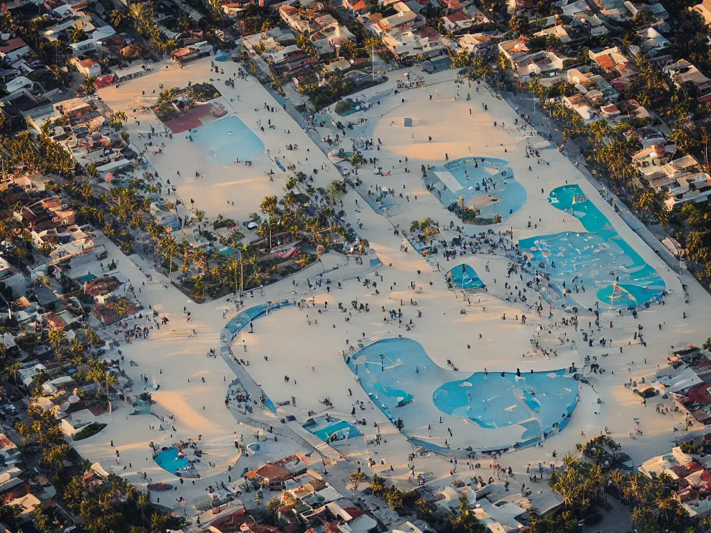 Prompt: “A ariel view 28mm photo of the venice beach skate park at sunset, national geographic photo, majestic”