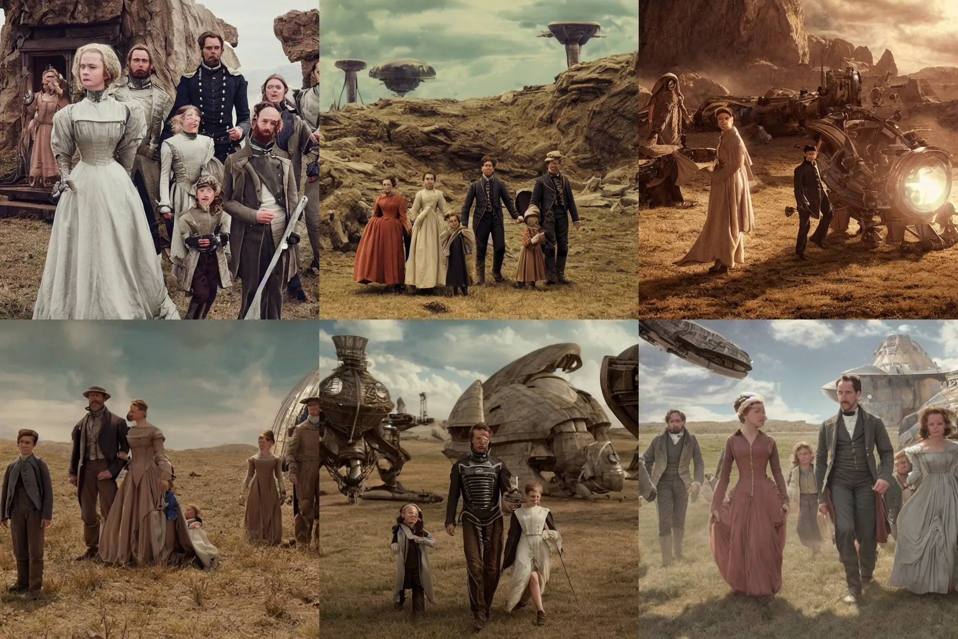 Prompt: film still from a sci fi blockbuster movie made in 2022, set in 1860, of a family leaving a spaceship, that has just landed on an alien planet, wearing 1850s era clothes, good lighting, 4k, HD, in focus faces, detailed faces, oscar winner, high quality photography