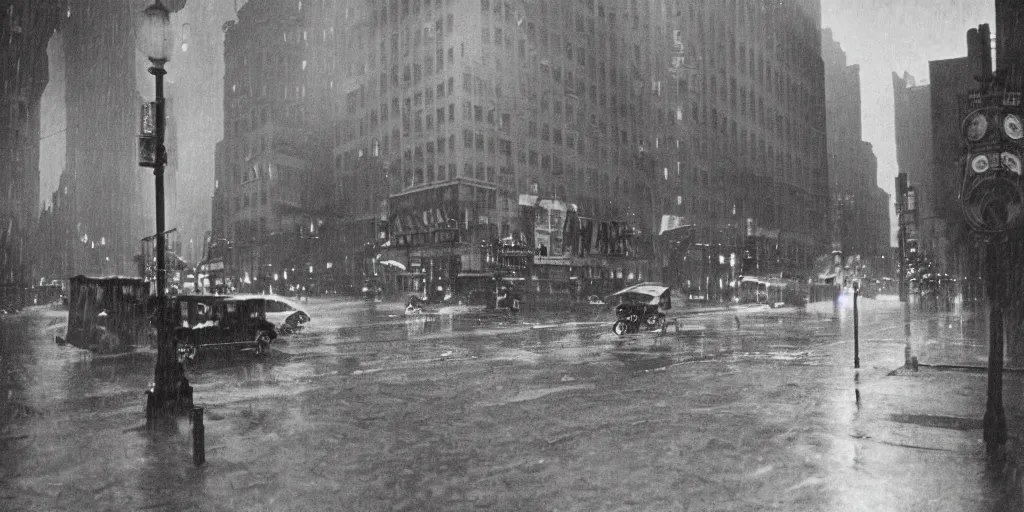 Prompt: Leica photography of New York City in the rain, Summer evening, in 1920