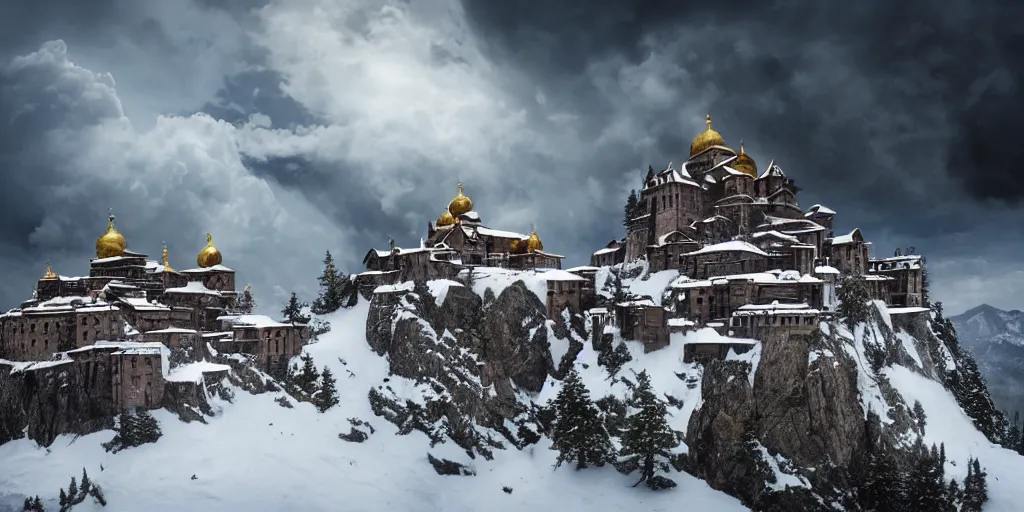 Image similar to A monastery on top of a snowy mountain surrounded by epic clouds by max schiller, cinematic, cinema lighting, ultra realistic, concept art, award winning