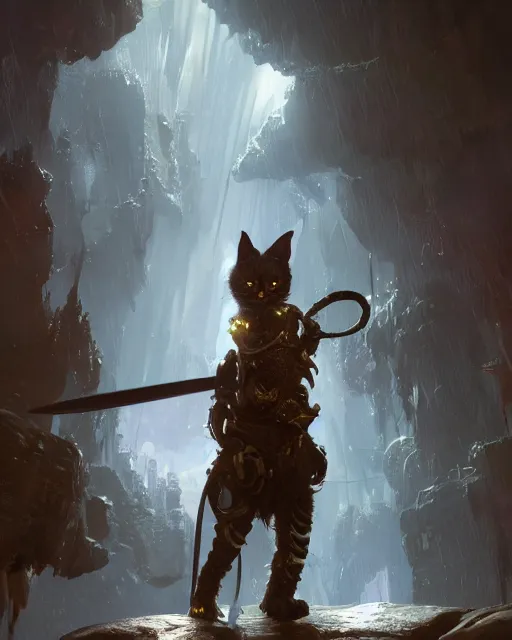 Image similar to a humanoid cat with a sword, Atmospheric beautiful by Eddie mendoza and Craig Mullins. volumetric lights volumetric lights, 8k, hd