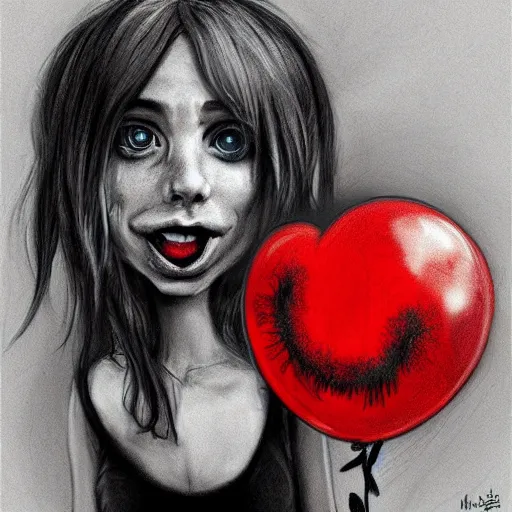 Image similar to surrealism grunge cartoon portrait sketch of billie eilish with a wide smile and a red balloon by - michael karcz, loony toons style, my little pony style, horror theme, detailed, elegant, intricate