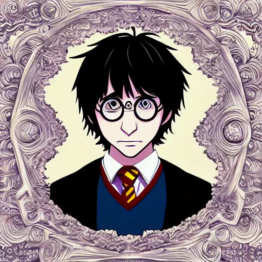 Image similar to portrait of harry potter in anime style, highly detailed, centered, solid color background, digital painting