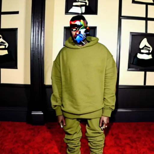Image similar to kanye west at the grammys in an avocado suit, red carpet photo