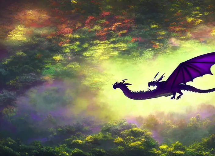 Prompt: a dragon gliding over a forest. Wide shot, stunning sunrise beautiful, wings of fire, blue birds flying. Adventurous, a new adventure, stunning, mystical, amazing, purple stream. digital illustration, very vibrant colors, soft lighting, adventurous, atmospheric lighting, 8K, octane render. By Makoto Shinkai, Stanley Artgerm Lau, WLOP, Rossdraws, James Jean, Andrei Riabovitchev, Marc Simonetti, krenz cushart, Sakimichan, D&D trending on ArtStation, digital art.