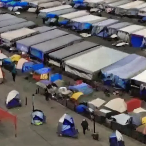 Image similar to cctv footage of homeless tent city in walmart, high angle security camera feed, blurry and glitchy,