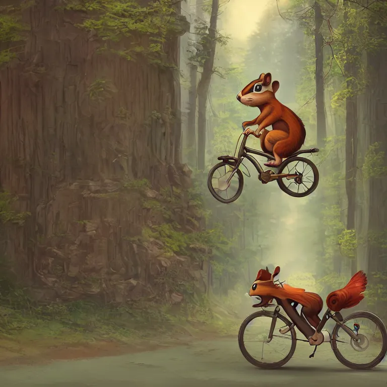 Image similar to A chipmunk riding a bike through a portal. Detailed digital matte painting in the style of simon stalenhag