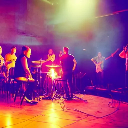 Prompt: 6 people sitting in circle, a fire in the middle in the floor of a small stage of a band, drummer is there behind them. red neon lights good mood, nice ambience singing