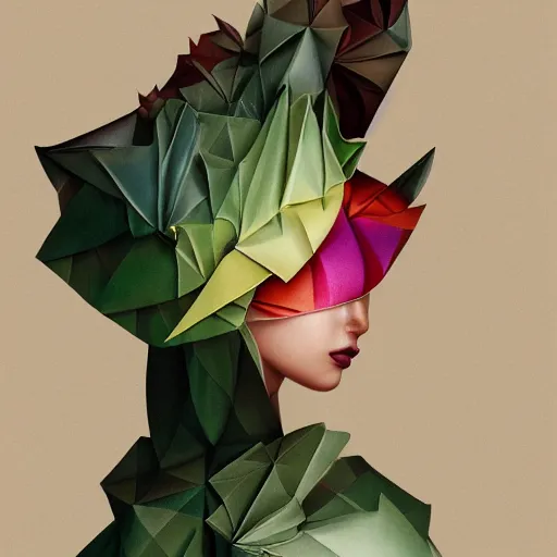 Image similar to 3 / 4 view of a beautiful girl wearing an origami dress, eye - level medium shot, hummingbirds, elegant, by eiko ishioka, givenchy, edgar degas, by peter mohrbacher, centered, fresh colors, origami, fashion, detailed illustration, vogue, high depth of field, japanese, reallusion character creator