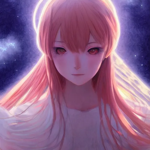 Prompt: A realistic anime painting of a celestial goddess with glowing silver eyes. digital painting by Sakimichan, Makoto Shinkai, Rossdraws, Pixivs and Junji Ito, digital painting. trending on Pixiv. SFW version —H 1024
