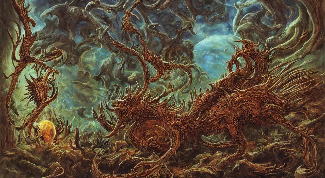 Prompt: a detailed portrait of a demon with long horns and spikes on its back. huge razor claws and fiery vortex eyes in a mystic cosmic labrynth, by roger dean, by robert hubert, by laurie lipton, detailed, realistic shadows, volumetric lighting, mythical creatures, rendered in redshift, matte painting
