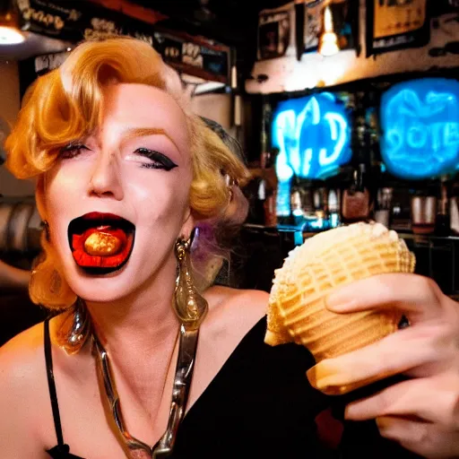 Image similar to marilyn manroe licking a melting ice cream cone sitting in a cyberpunk pub