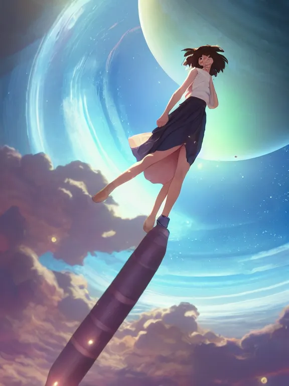 Image similar to one single godly, wise, powerful giant girl wearing a skirt in space holding a model of a Saturn in her left hand. Soft lighting, cosmic skies, stunning, 8K, no planets, octane render. By Makoto Shinkai, Stanley Artgerm Lau, WLOP, Rossdraws, James Jean, Andrei Riabovitchev, Marc Simonetti, krenz cushart, Sakimichan, D&D trending on ArtStation, digital art.