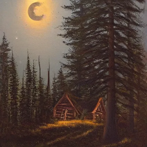 Image similar to peaceful forgotten cabin. masterpiece oil painting, dark, scary. endless tall trees in the background. the moon shines.