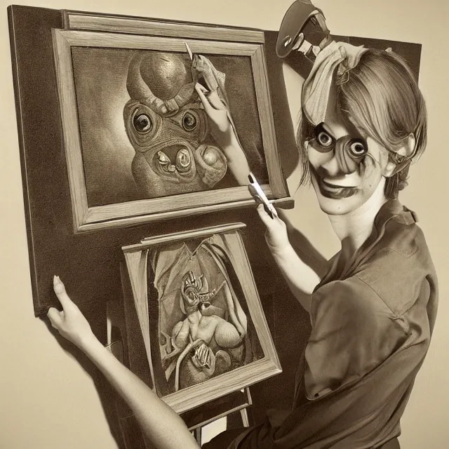 Image similar to pepe the frog artist painting a self - portrait on a canvas. intricate, highly detailed, digital matte painting in the style of alberto vargas and in the style of h. r. giger. irony, recursion, inspiration.