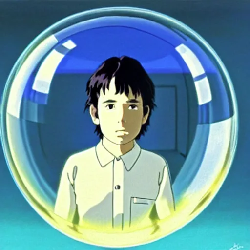 Image similar to hyperrealist, studio ghibli dull colors portrait from close encounters of the third kind 1 9 7 7 of a young scientist standing in a bubble temple.