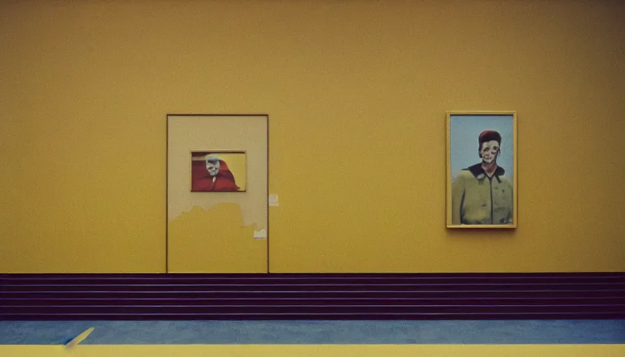 Prompt: 60s movie still of a sovietic stalinist style empty art museum with a soviet congress with yellow wall, cinestill 800t 35mm, liminal Space style, heavy grain