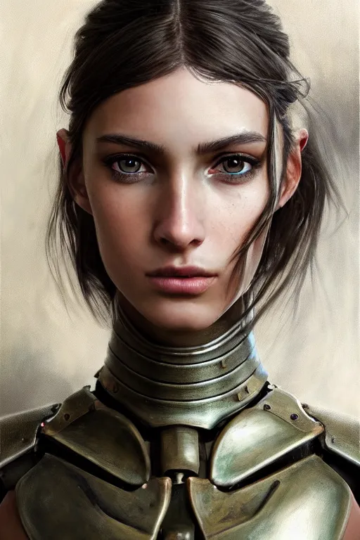 Prompt: a photorealistic painted portrait of an attractive young girl, partially clothed in dull metal-plated battle armor, olive skin, long dark hair, beautiful bone structure, symmetric facial features, perfect eyes, natural physique, intricate, elegant, digital painting, concept art, finely detailed, beautifully illustrated, sharp focus, minimal artifacts, photographic quality, from Metal Gear, by Ruan Jia and Mandy Jurgens and Artgerm and William-Adolphe Bouguerea, in the style of Greg Rutkowski, trending on Artstation, award winning