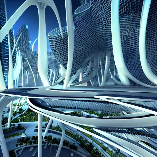 Prompt: Futuristic sci fi city in the style of santiago calatrava. Utopia. marble skyscrapers, Fantastic perspective view. 3d rendering. futuristic bone skeletal structure dynamic strong curves, neon lights, rich vibrant detailed texture design architecture, bright natural ambient light + archviz + octane render + atmospheric wide lens realistic photography+ artstation, volumetric metallic reflections