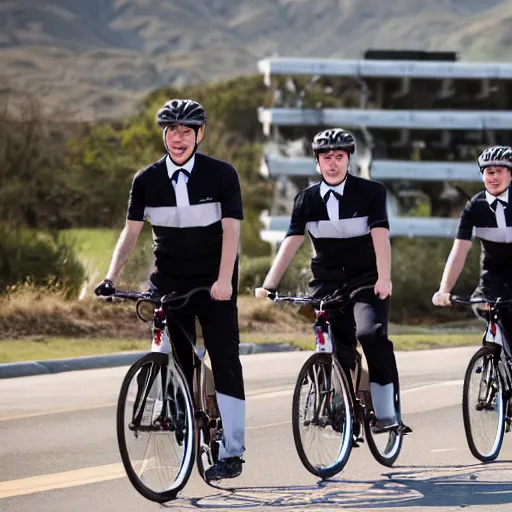 Prompt: sports photo of mormon missionaries riding bikes